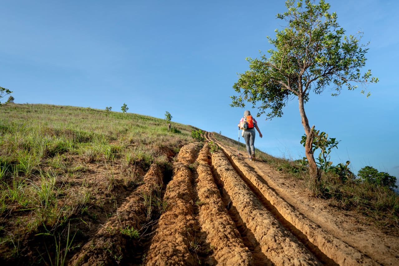 Woman hiking alone on a scenic mountain trail